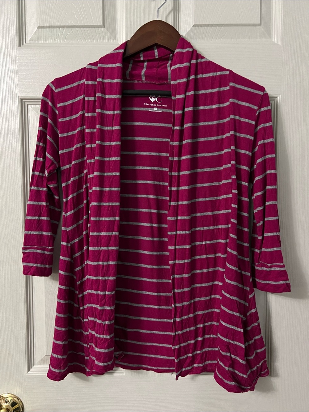 New York & Company Fuchsia and Gray Striped Open-Front Cardigan